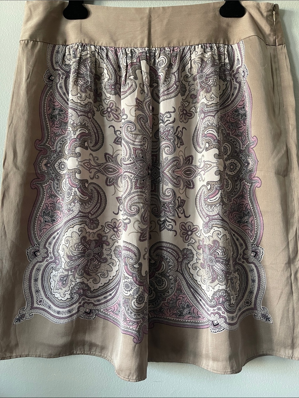 Calvin Klein taupe and Pink Paisley Silk Skirt vintage L scarf design